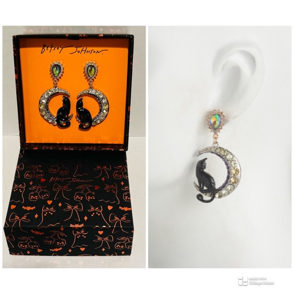 Betsey Johnson NWT Cat Moon Drop Earrings - Picture 1 of 4